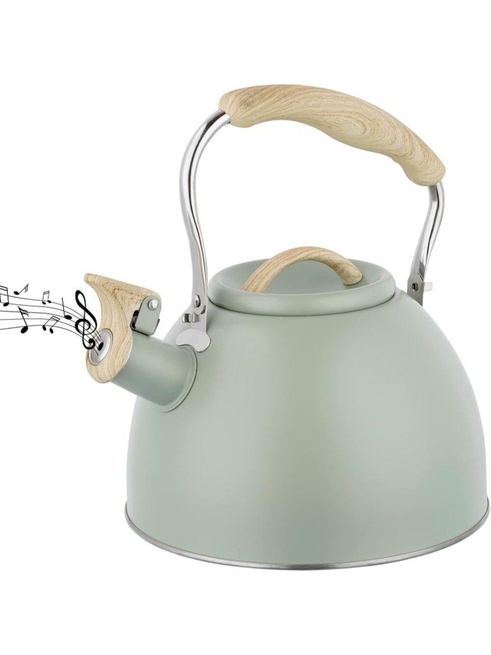 Green Stainless Steel Whistling Tea Kettle 3.0 Quart Wood Handle Stovetop